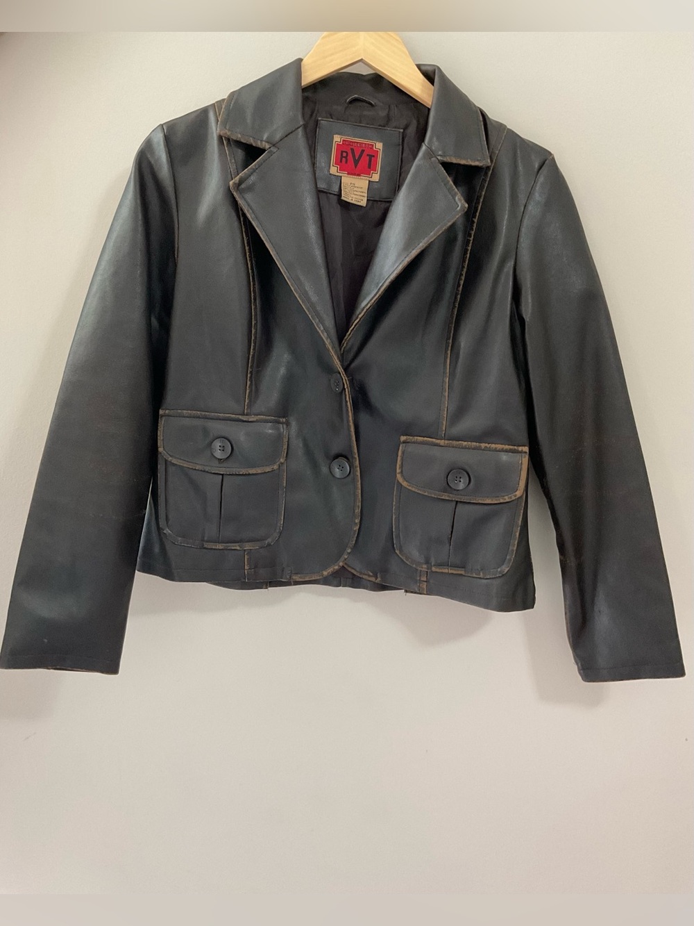 RVT Black Leather Notch-Lapel Blazer Jacket